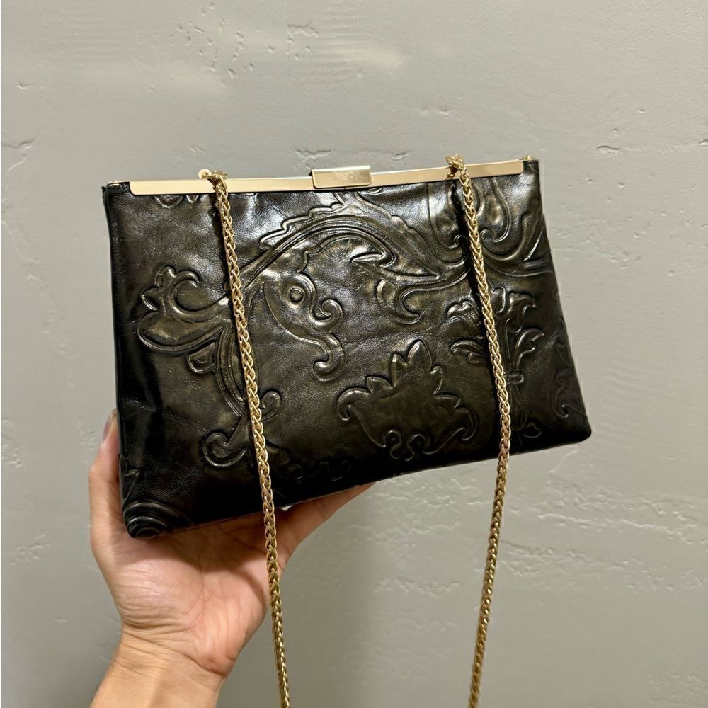 Handmade Genuine Embossed Cowhide, Articulated Metal Frame Clutch/Evening Bag